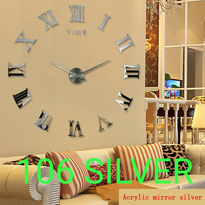Jam Dinding Besar DIY 3D Giant Diameter 80-130cm Tempel Huruf Hiasan Angka Jumbo Raksasa Unik Aesthetic Minimalis-106 SILVER JUMBO