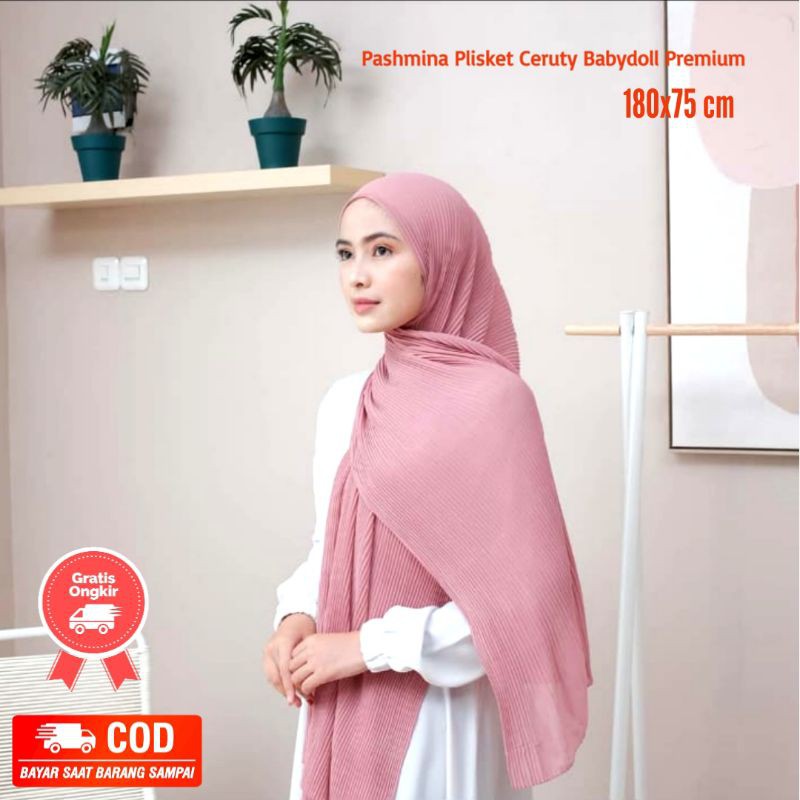 Pashmina FULL Plisket Ceruty Babydoll hijab Plated bahan Sahwl Ukuran 180*75 cm premium