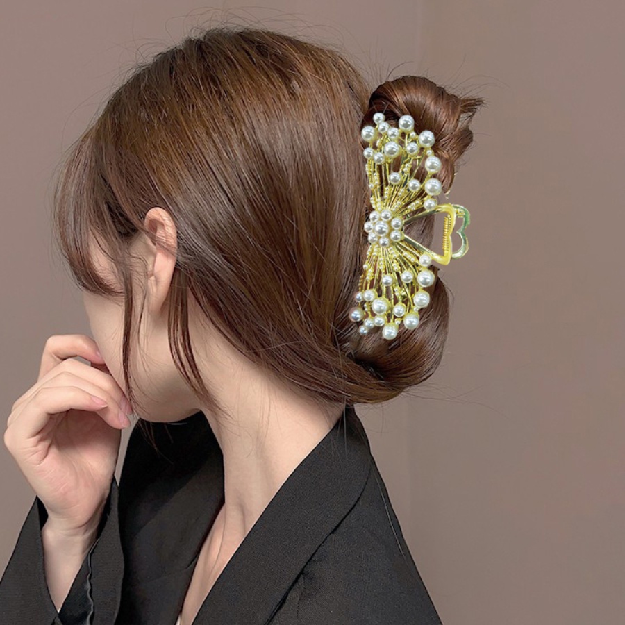 Jepit Rambut Ponytail Desain Bunga Aksen Mutiara Berlian Imitasi Bahan Alloy Gaya Korea Untuk Wanita