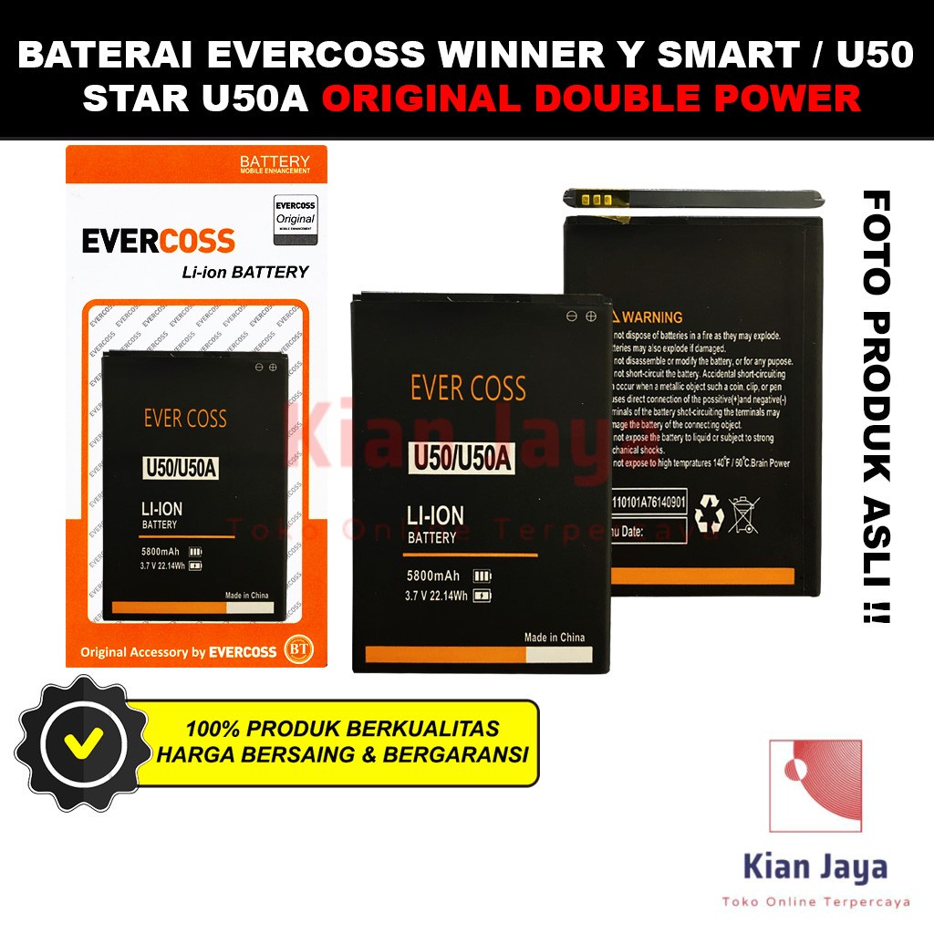 Baterai Evercoss Winner Y Smart U50 Star U50A Original Double Power Batre Batrai Battery Hp Ori