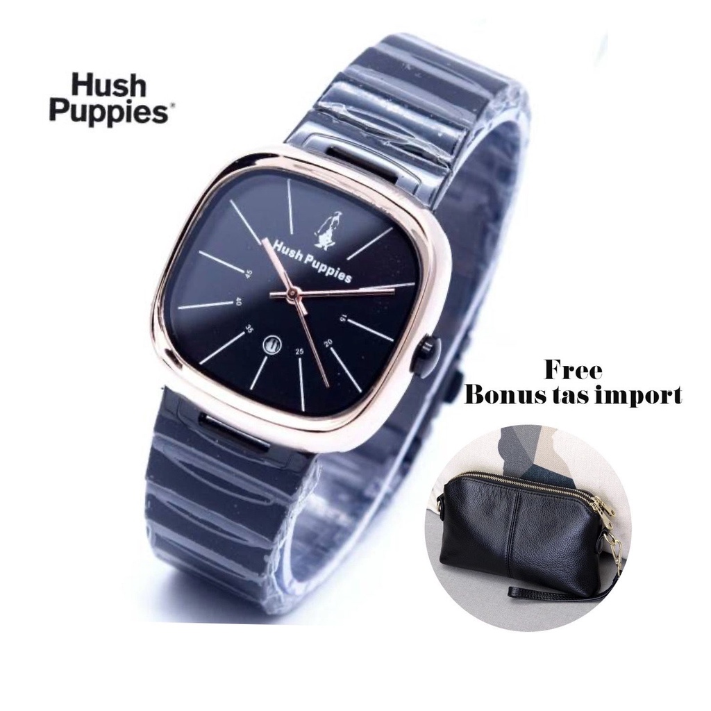 Jam Tangan Wanita FREE TAS IMPORT Cewek Hush Puppies Segi Full Stainless Tanggal Aktif