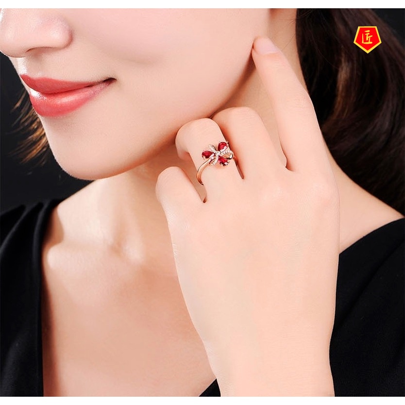 [Ready Stock]Elegant Personalized Flower Ring Rose Gold Ruby