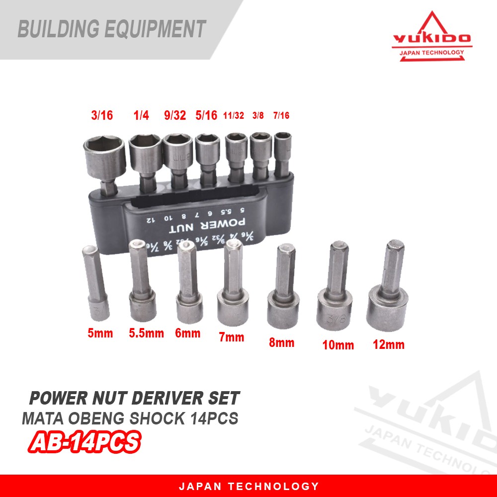 YUKIDO POWER NUT socket set 14pcs hex adapter mata bor sock baut roofing adaptor mata sok baut siku lubang