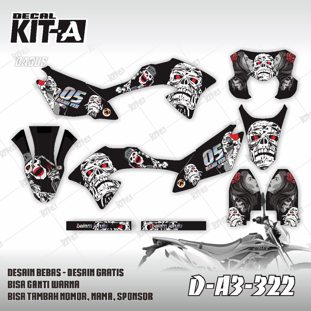Decal kawasaki KLX 150 BF MOTIF TENGKORAK SIMPLE HITAM