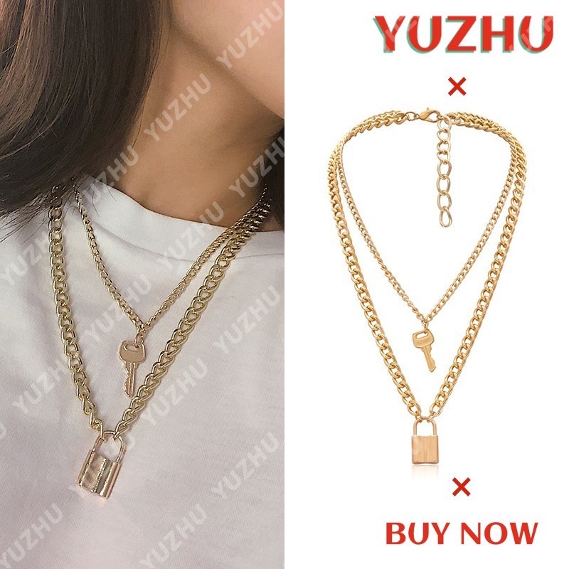 (YUZHU) Anti karat COD Korean Fashion Kalung Rantai Emas Liontin Kalung Gembok Retro Simple Kunci Kreatif Untuk Wanita