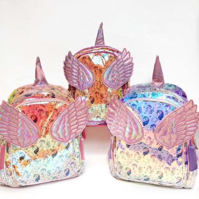 Tas Ransel Anak Sekolah Perempuan Hologram Sayap Unicorn Rainbow
