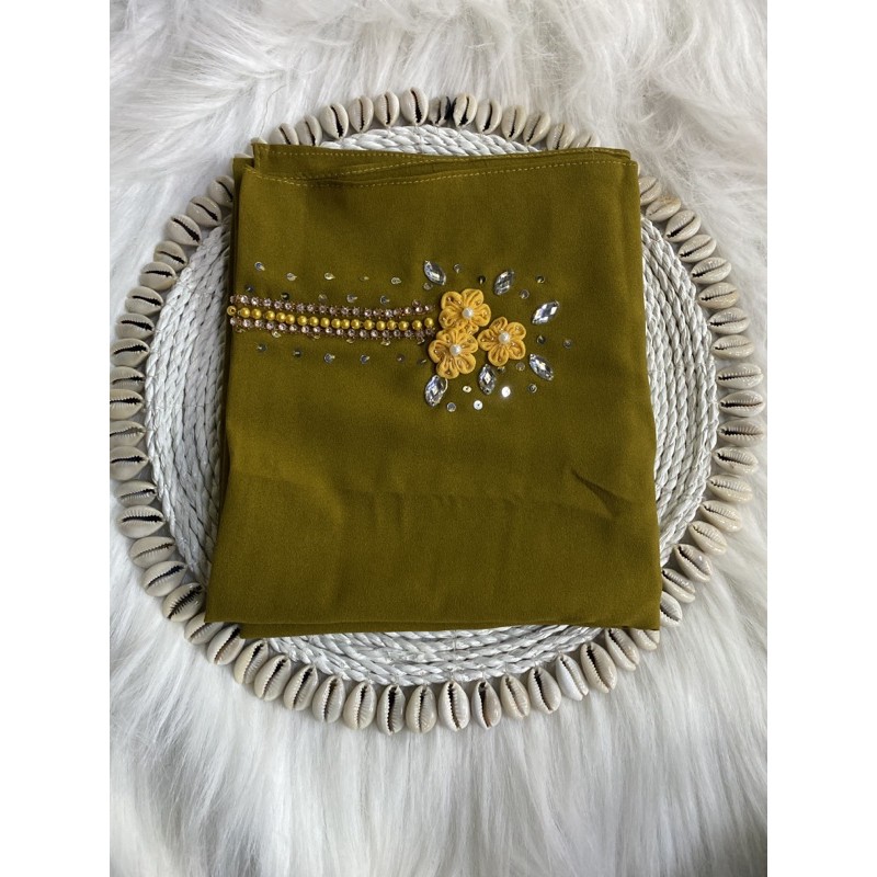 PASHMINA PAYET EDISI RAYA BAHAN DIAMOND CREP UKURAN 175x75-Zaitun