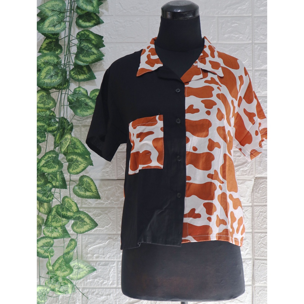 Baju Kemeja Wanita Two Tone Animal Kekinian / Kemeja dua warna / Top Wanita / Atasan Wanita-Sapi coklat Tua