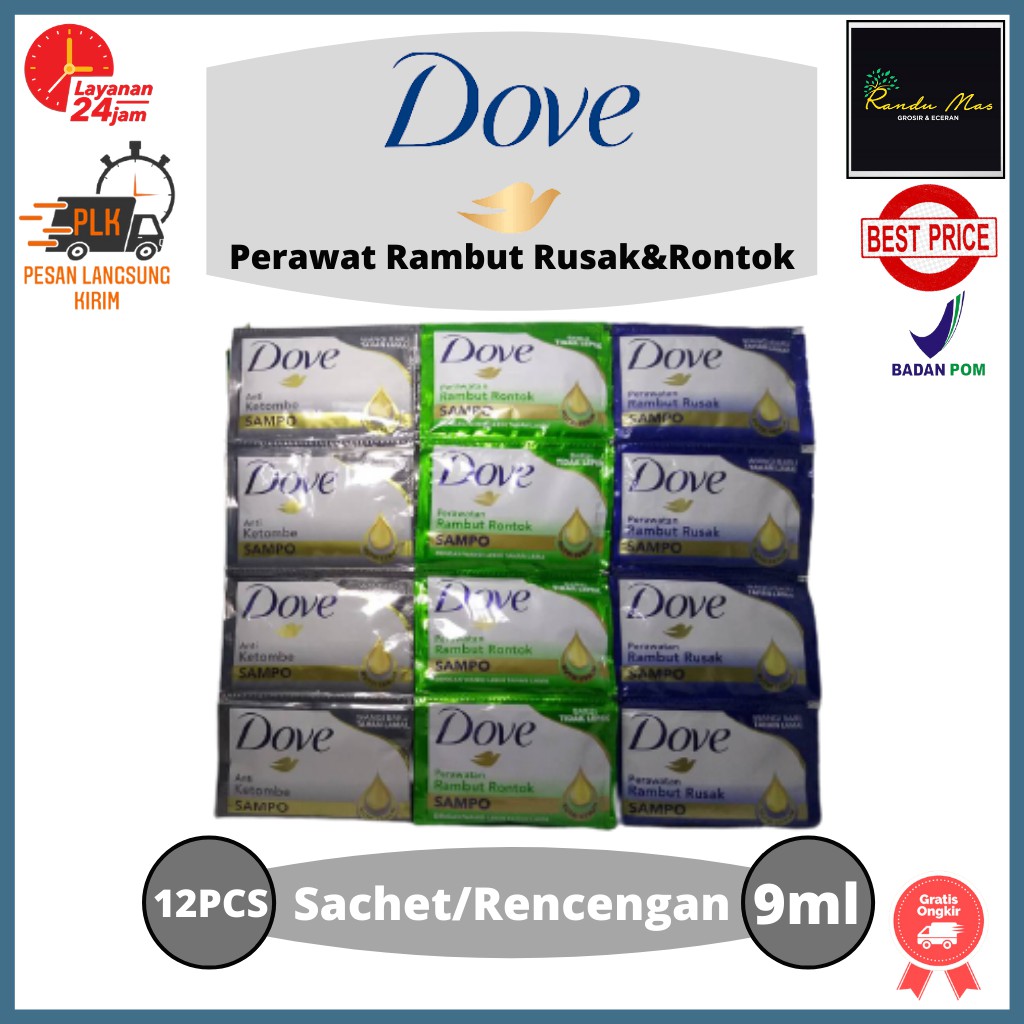 Shampoo Dove Renceng 9ml Isi 12 Sachet Perawatan Anti Ketombe/Rambut Rontok/Rambut Rusak