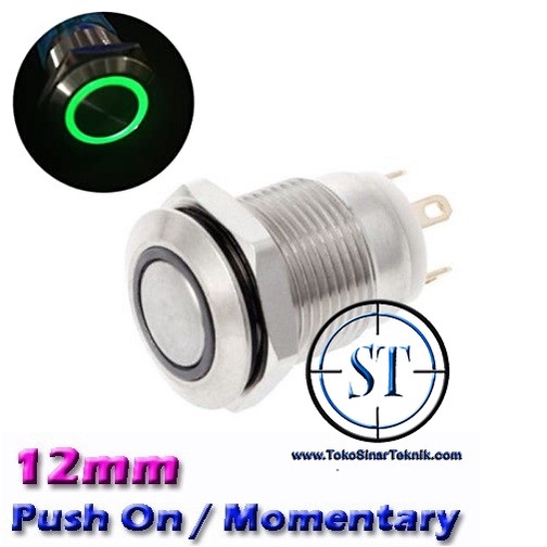 12mm Stainless Push Button HIJAU Momentary Horn Lampu Simbol O ( RING )  Metal Switch Waterproof