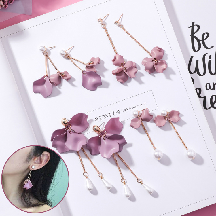 Anting Wanita Anting Bunga Dusty Pink Rumbai Mutiara Permata Aksesoris Fashion Earrings