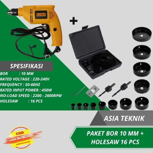 PAKET TEMURAH BOR + HOLESOW BOR KAIROS 10 MM HOLESAW 16 PCS