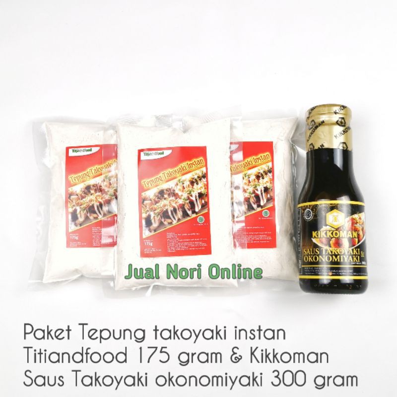 

Paket Tepung Takoyaki Instan Titiandfood 175 gram dan Kikkoman saus takoyaki okonomiyaki 300 gram