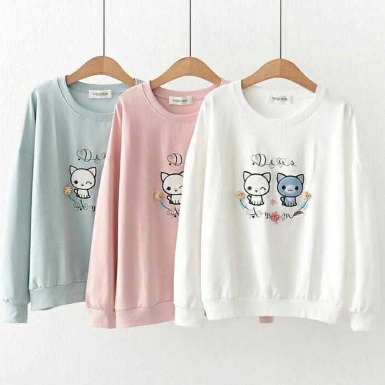 SWEATER WANITA CAT FLORAL /// ATASAN WANITA LUCU BAHAN FLEECE PREMIUM TEBAL KEKINIAN TERBARU''