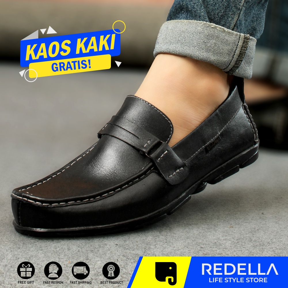 Sepatu Loafers Casual Pria Pantofel Kantoran Anti Slip Bahan Kulit Asli Original BLZ GESPER HITAM