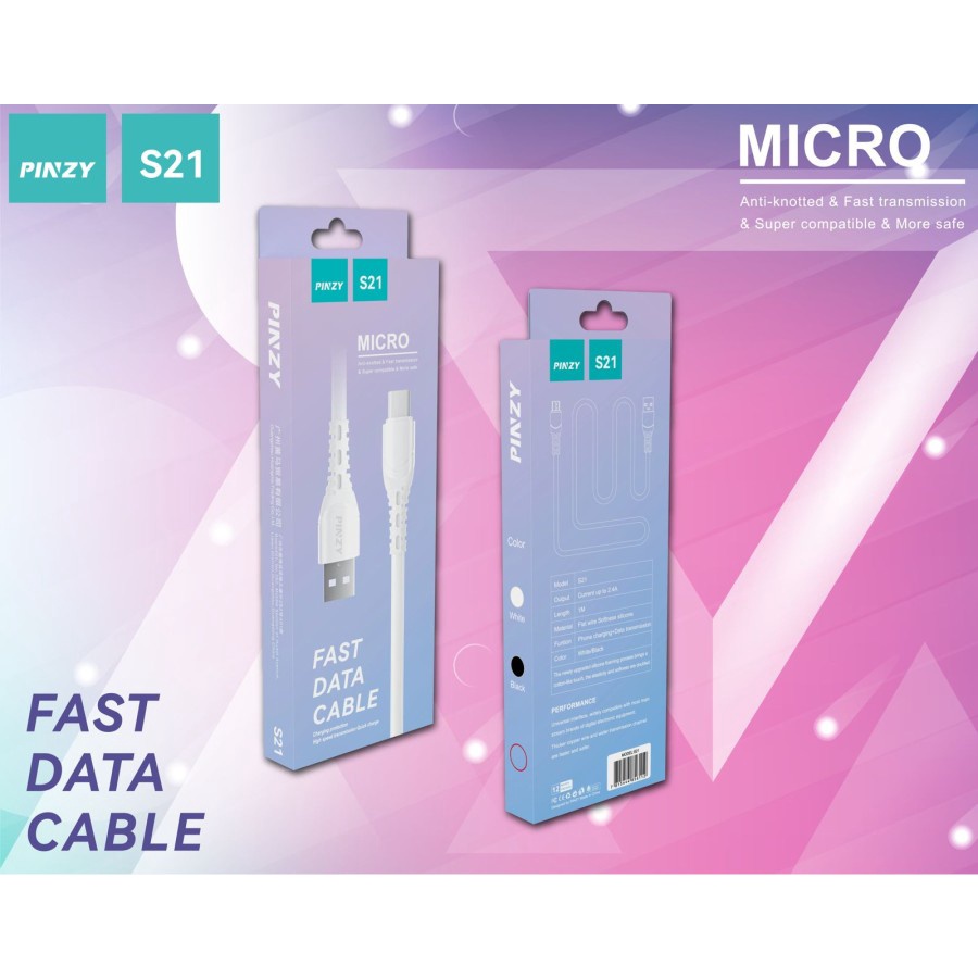 Kabel Data S21 Micro USB 2.4A Support Data Transmisi Panjang 1M