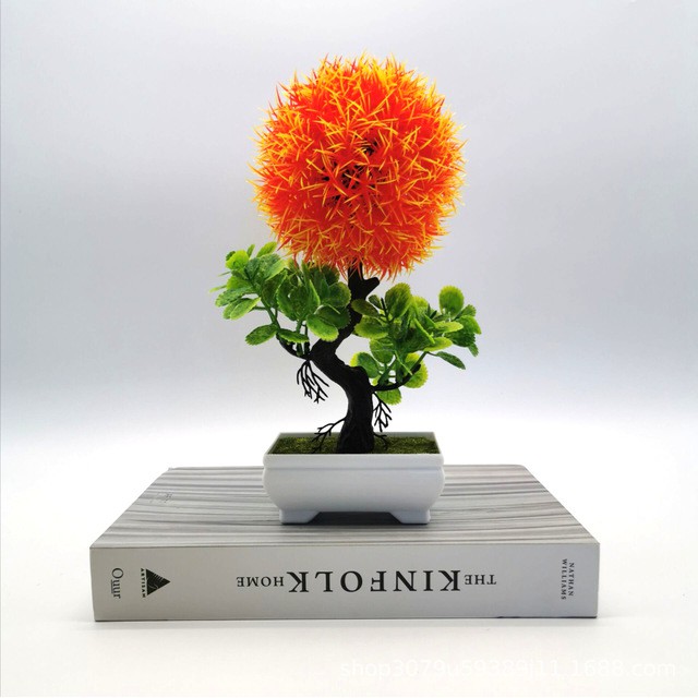 COD/BONSAI HIAS TANAMAN ARTIFISIAL BUNGA DEKORASI RUANGAN BUNGA PLASTIK POT BULAT PUTIH BP8818-Orange