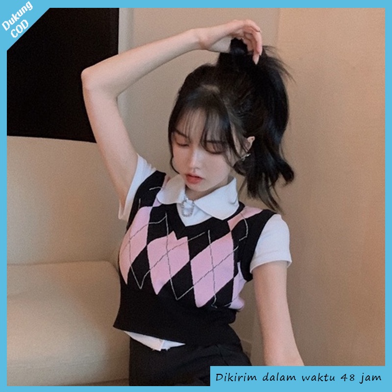 korea style retro kotak V-neck tanpa lengan kasual crop top knit rompi rajut wanita korea/tanktop/tank top wanita