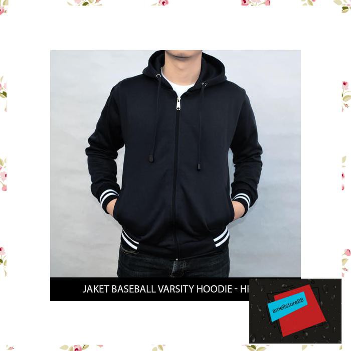Jaket Pria parasut parka gunung varsity baseball Polos Hoodie Hitam Grosir TR112
