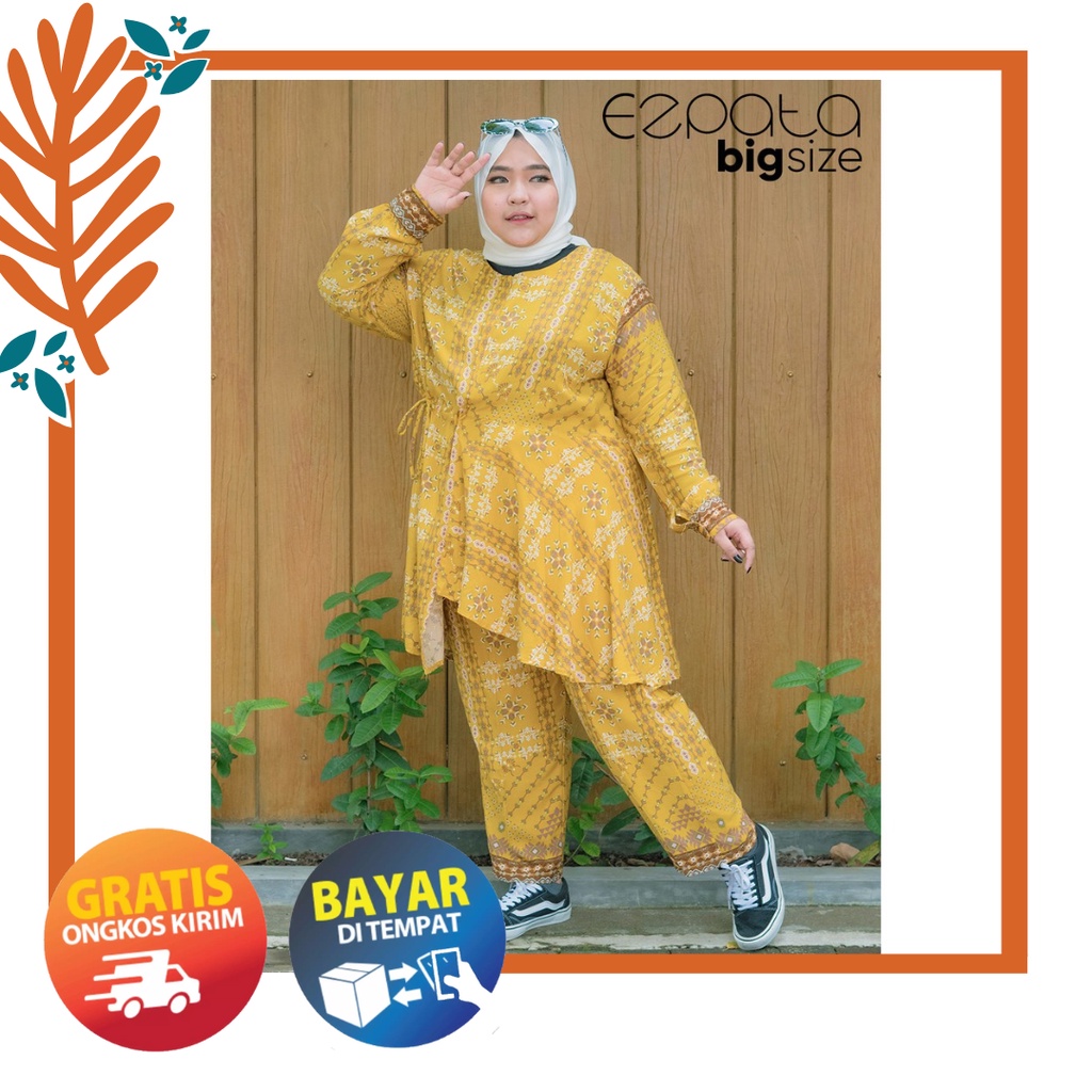 Ezpata Setelan Daily Outfit Mazel Jumbo Bigsize Motif Etnik Pinggang Serut Resleting Depan Busui Friendly Lengan Kancing