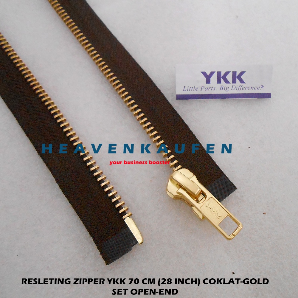 Resleting Zipper Jaket YKK 70 cm Atau 28 inch Type Gigi Besi Warna Coklat - Gold Emas Set Open-End Buka-Lepas