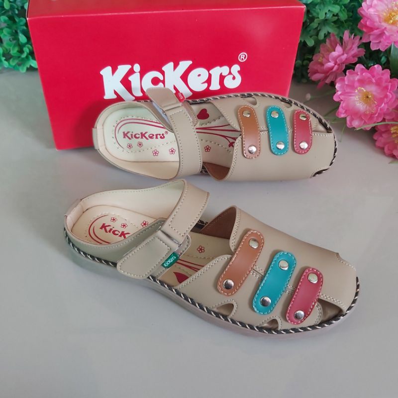 SL.62 Sandal kickers wanita model terbaru 2022 / Sandal Kickers kasual  / Kickers sandal tutong wanita / sandal Kickers kulit / sandal slop Kickers-Krem 2
