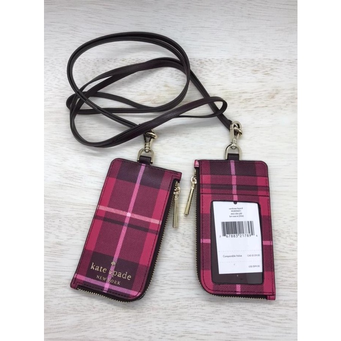 

Gantungan Kate Spade staci plaid ID tag lanyard bright rose multi