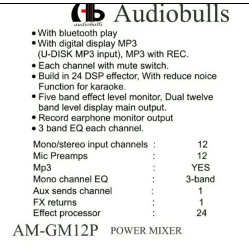 Power Mixer Audio AB Audiobulls Am-Gm12p PREMIUM QUALITY ORIGINAL