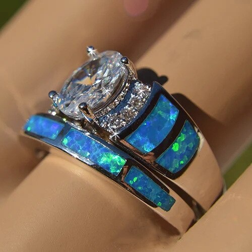 Cincin Kawin/Tunangan Hias Zircon Warna Biru Ukuran 5-12 Untuk Wanita