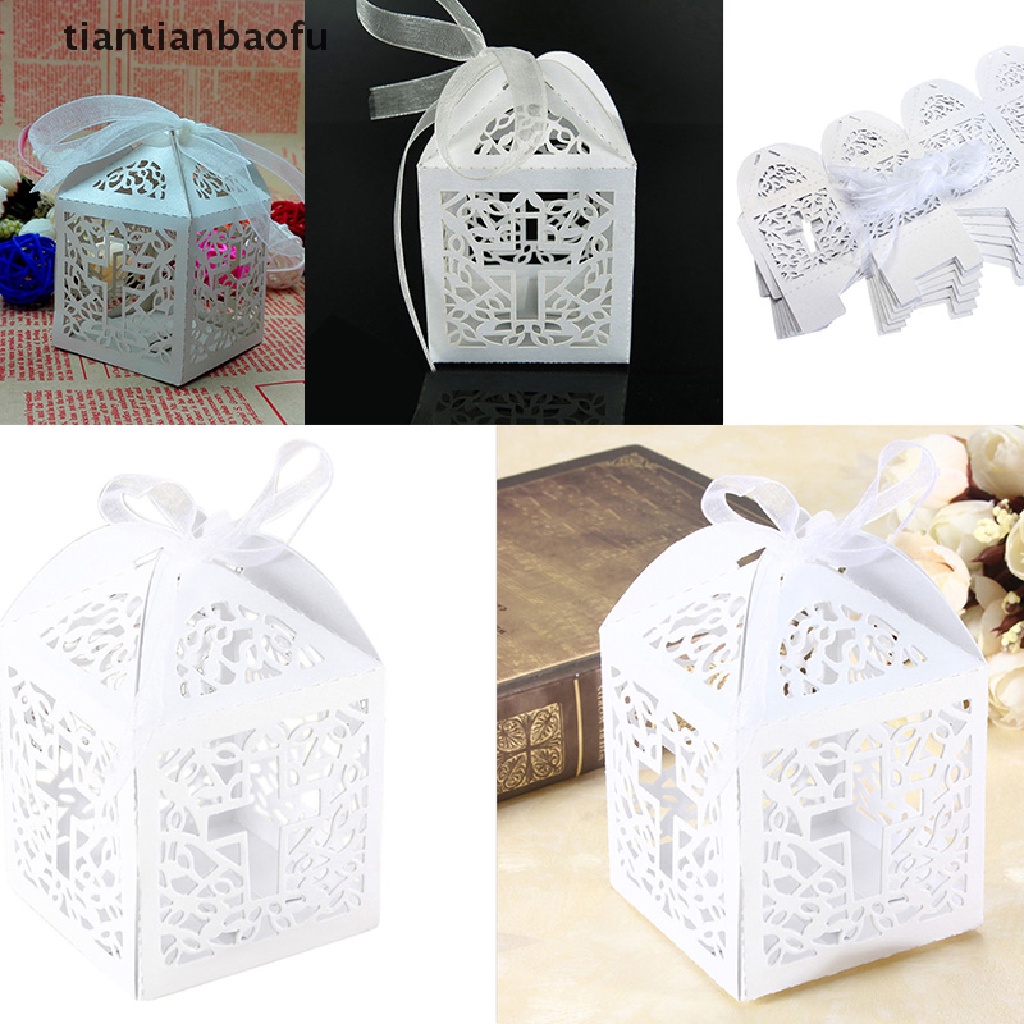 [tiantianbaofu] 10/50/100pcs Wedding Party Favor Cross Paper Candy Gift Boxes With Ribbon Boutique