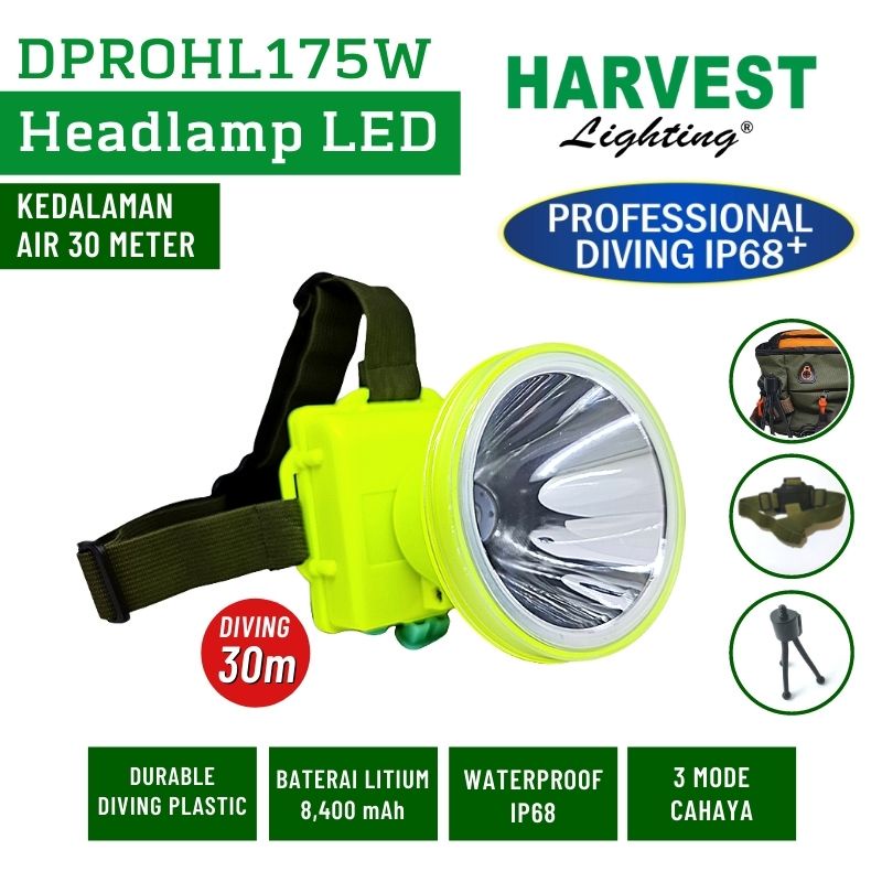 Harvest Lighting Headlamp 175W Lampu Senter Kepala LED DIVING IP68 Selam Spearfishing Bergaransi