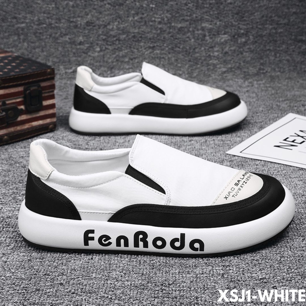 SEPATU SNEAKERS MODEL LOAFERS BLACK WHITE SIMPLE DESAIN CAKEP BANGET BAHAN CANVAS IMPORT SJ1