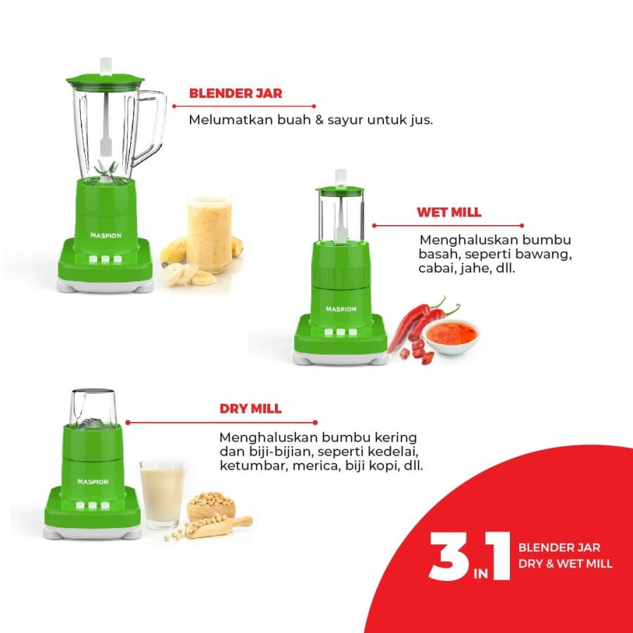 MASPION Blender Plastik 1 Liter MT 1273 PL -  With Dry &amp; Wet Mill - 3in1 3 Tabung - Garansi Resmi 1 Tahun