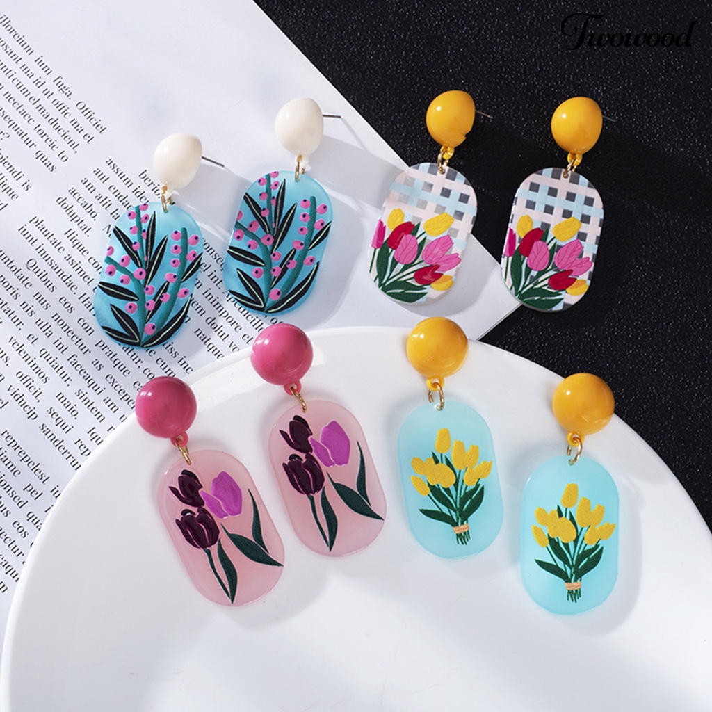 1 Pasang Anting Stud Desain Print Bunga Tiga Dimensi Warna Terang Untuk Wanita