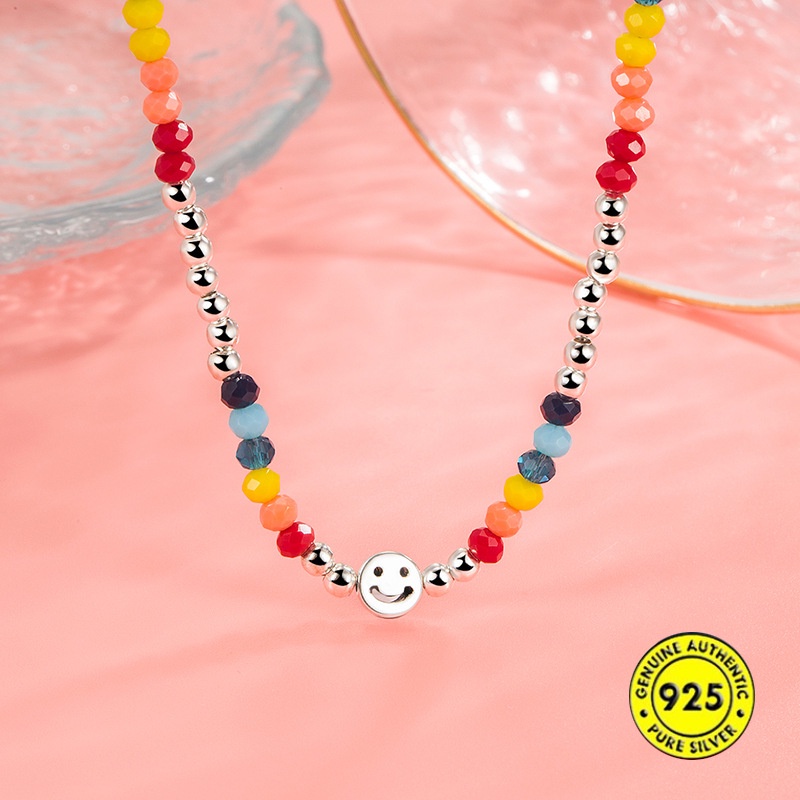 Kalung Rantai Klavikula Hias Manik-Manik Smiley Warna-Warni Gaya Eropa Amerika Untuk Wanita