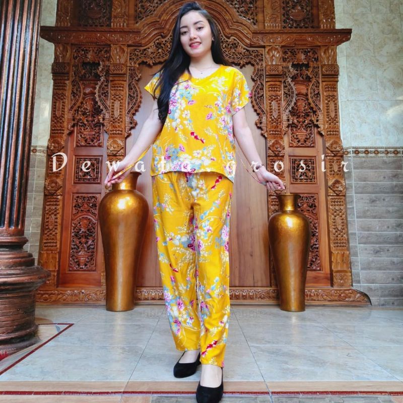 BAJU WANITA PIYAMA BAJU TIDUR SETELAN ONE SET BABYDOLL RAYON SUPER KOPI BALI ROBUSTA TERLARIS-Arare Mustard