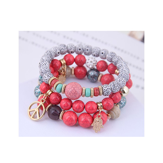 LRC Gelang Fashion Gray Wooden Beads Multi-element Pendant Multi-layer Bracelet A59089