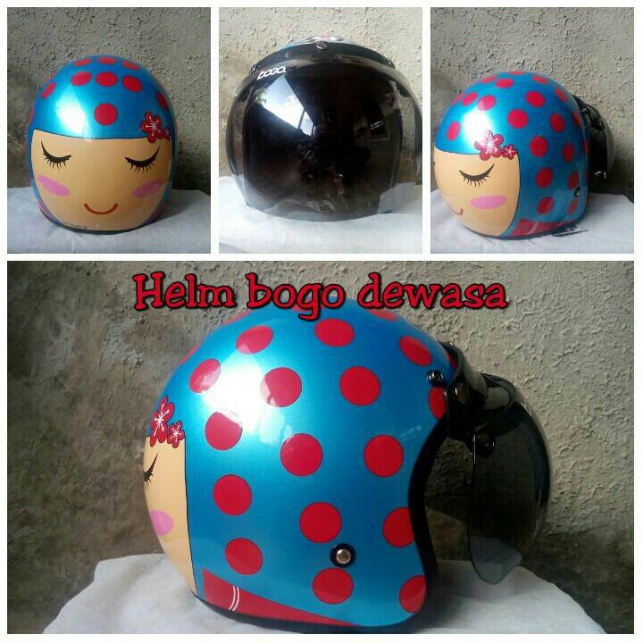 HM-505 Helm Bogo Retro Sni Jpn Kimoni Polkadot Biru Merah + Kaca Bogo Ori Murah