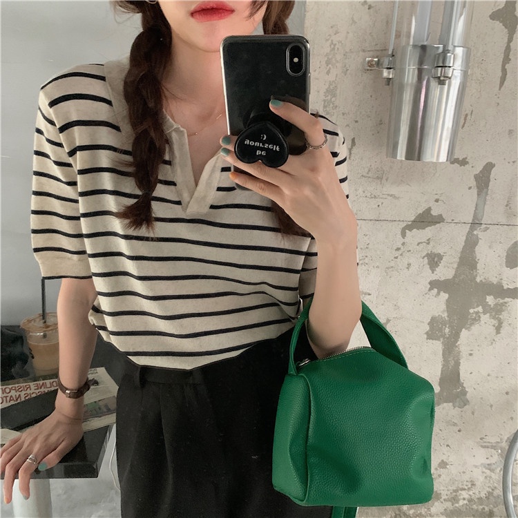 kaos rajut wanita Atasan rajut lengan pendek Korean retro style kasual Knit stripe T-shirt