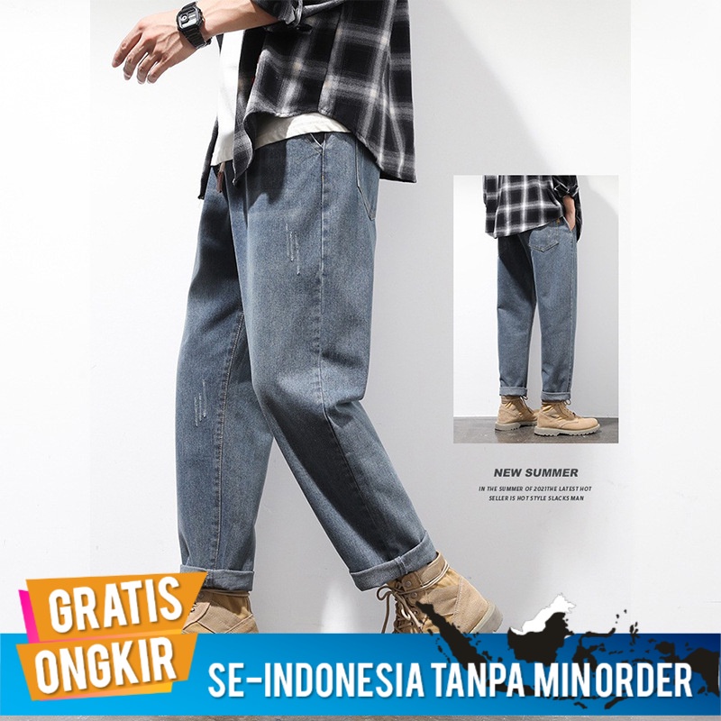 Celana Panjang Santai Kargo Cargo Kasual Casual Pria Cropped Jeans       Lurus Warna Cahaya Fashion 