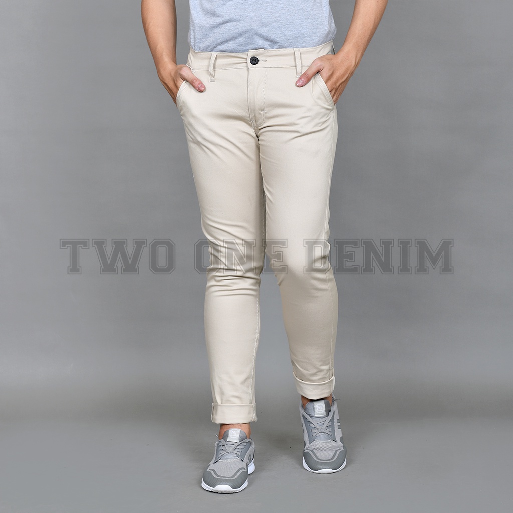 TWO ONE Celana Chino Pria Panjang Slim Fit - Chino Panjang Pria Dewasa Krem