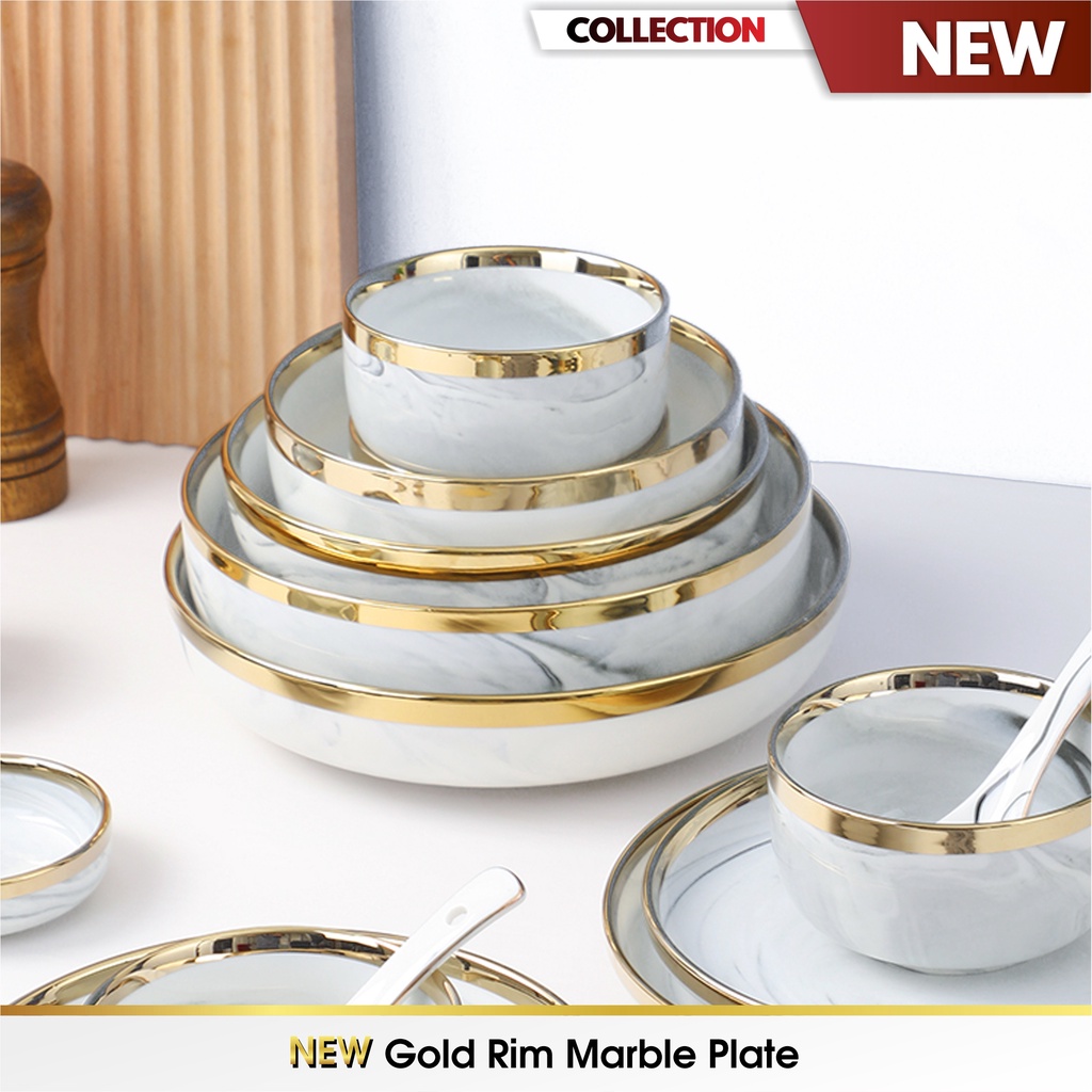 IMPERFECT Piring Mangkok Makan Keramik Ceramic Bowl Cantik Motif Marmer Marbel Marble Plate Gold Rim