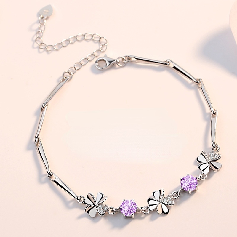 Gelang Bahan 925 Silver Plated Aksen Zircon Bentuk Clover Untuk Wanita