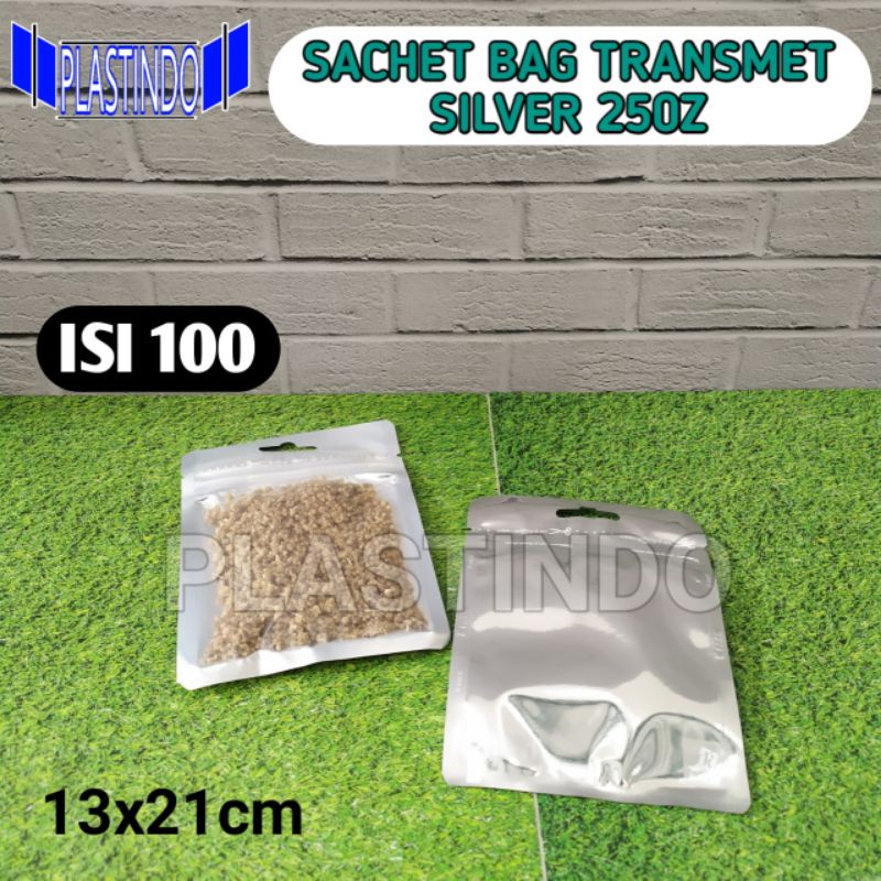 ISI 100 PCS SACHET BAG TRANSMET 250GR PLASTIK KLIP ZIPPER KEMASAN KOPI SNACK BUBUK MASKER KPACK ALUM