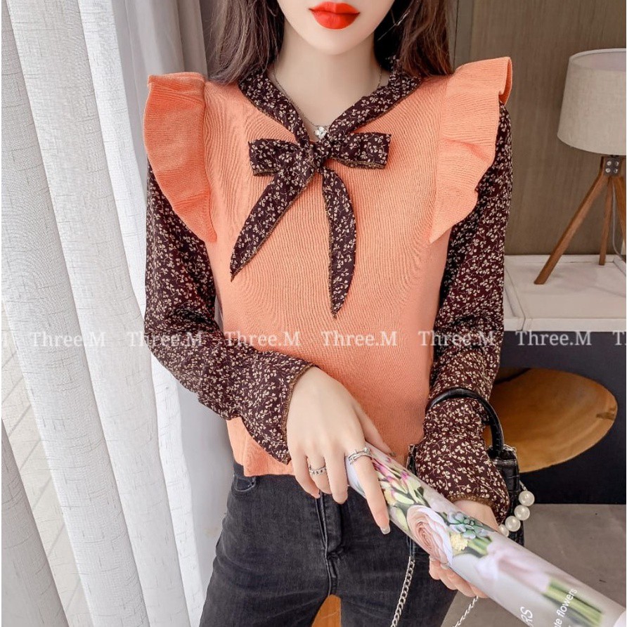 Tq88indonesia Fashion Blus Wanita Kombinasi Lengan Panjang Terbaru  /  Belvy Tie Neck Knit Top /  Ootd / Baju Santai Cewek / Baju Atasan Wanita Kekinian