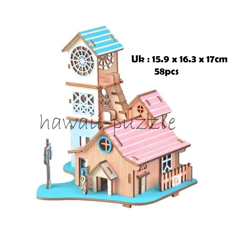 Puzzle 3D DIY bahan kayu model RIVERSIDE VILLA mainan puzzle edukasi anak (kado &amp; pajangan)