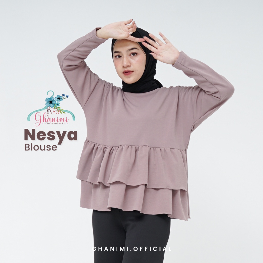 Ghanimi - Nesya Blouse / Blouse Knit Polos Panjang / blus ruffle polos daily murah / blouse knit casual sehari hari