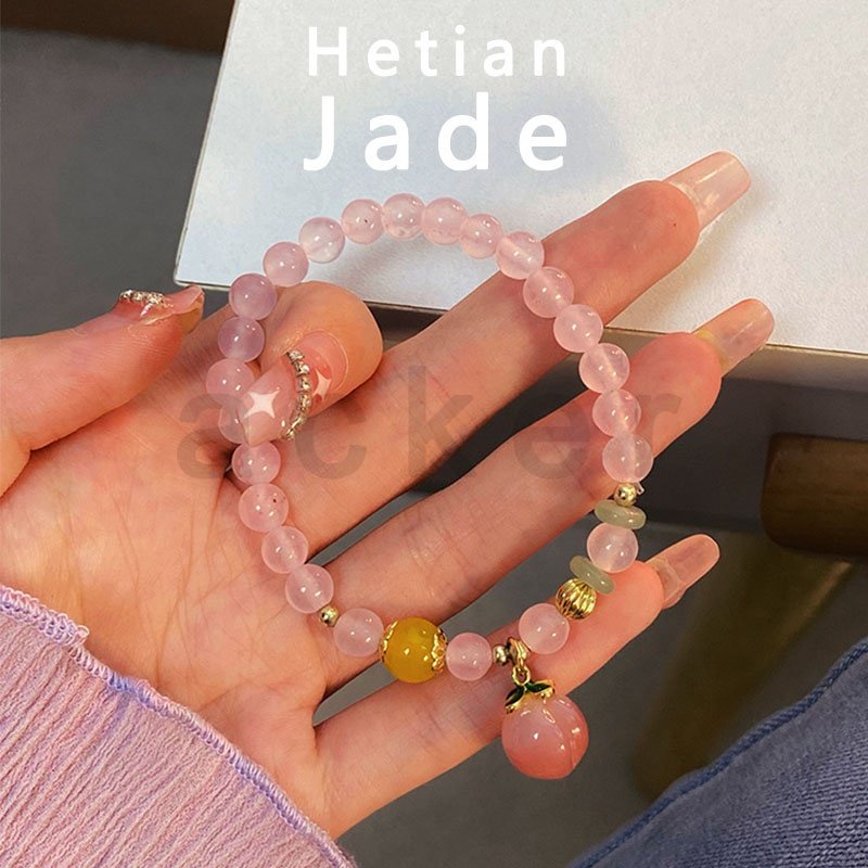 Gelang Manik-Manik Giok Hetian Natural Warna Pink Peach Untuk Hadiah Ulang Tahun Wanita