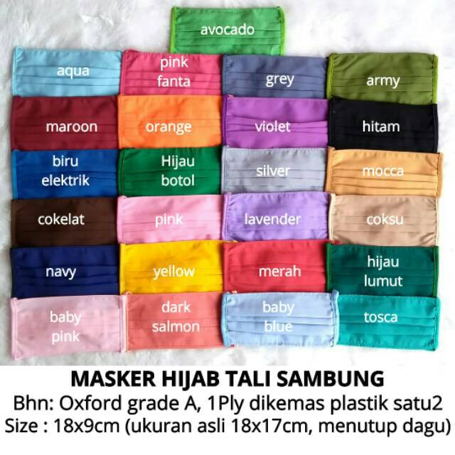 Masker Kain Hijab Tali Sambung Warna Polos Oxford Grade A 1 Ply Adem Tebal Grosir Murah