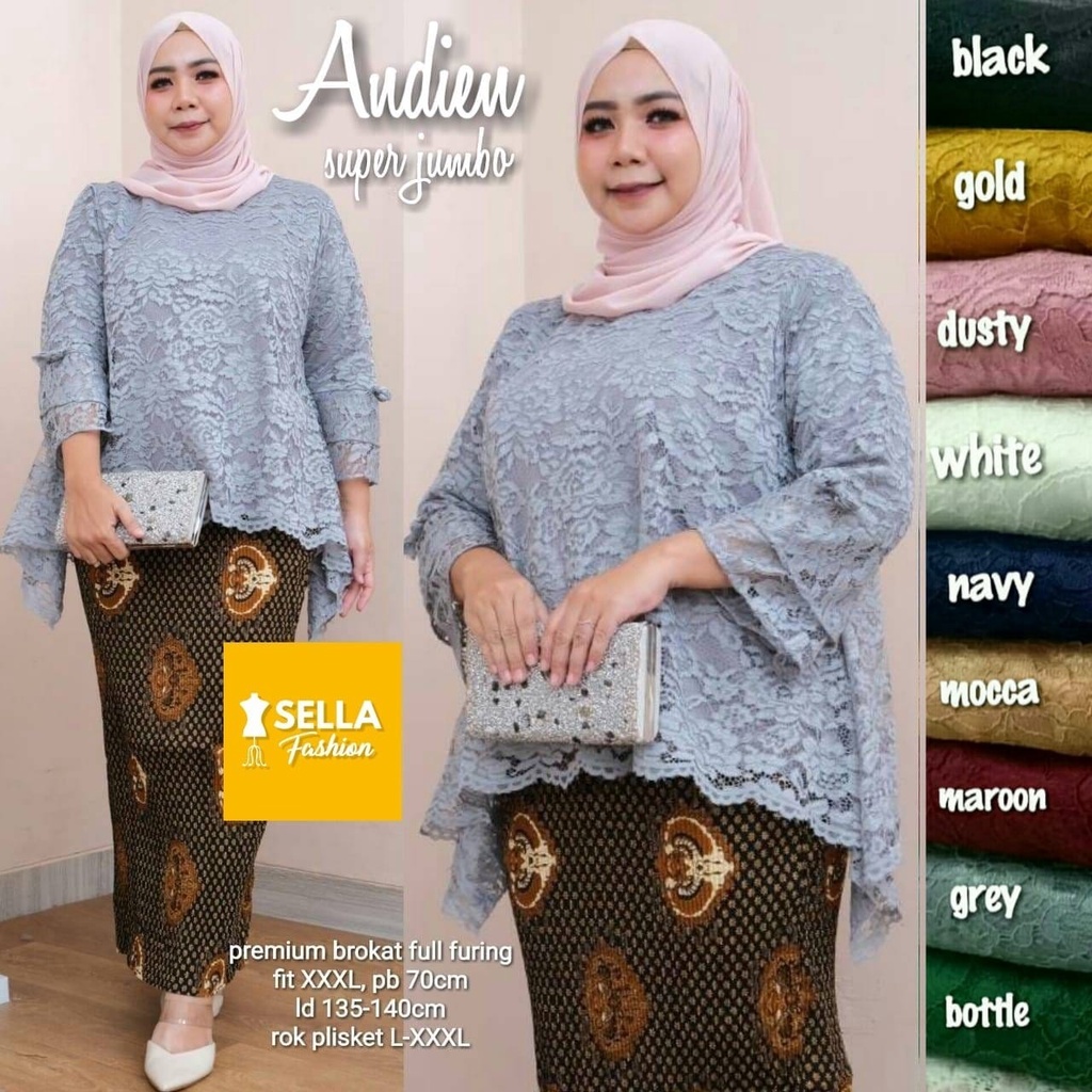 Andien Set Sella LD 135 - 140 Baju Setelan Tunik Kebaya Brukat Modern Super Jumbo Premium Full Furin